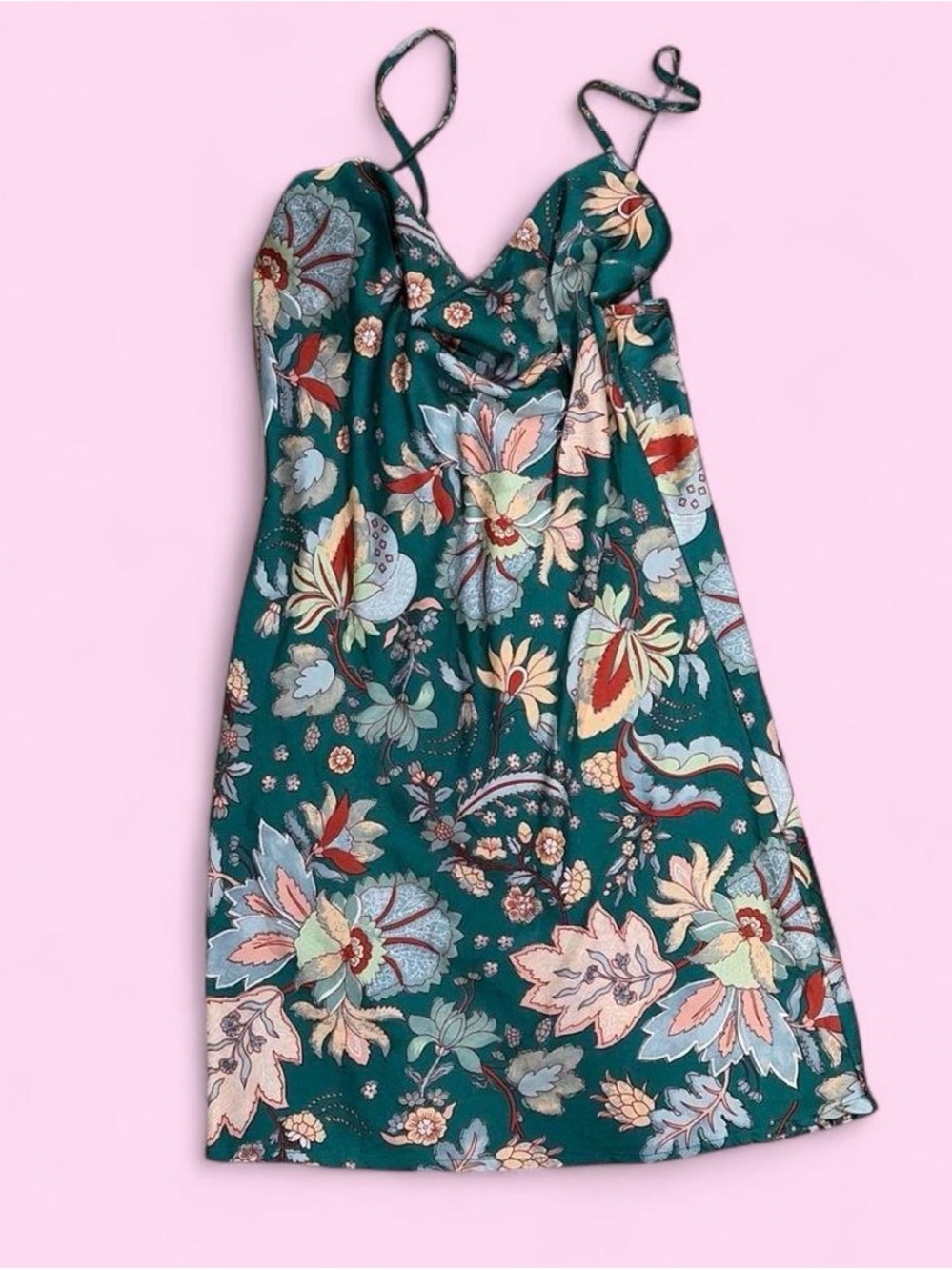 Teal Floral Slip Midi Dress with Spaghetti Straps
